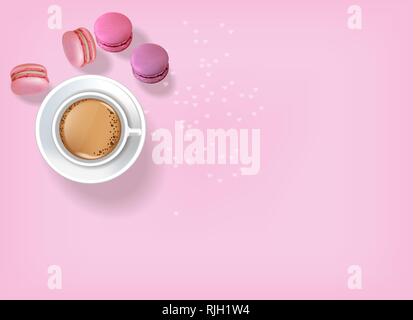 Breakfast coffee and macaroons Vector realistic. 3d detailed card menu template. Delicious desserts pink posters Top view Stock Vector