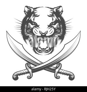 Face of Tiger and two Arabian swords isolated on white background. Vector illustration. Stock Vector