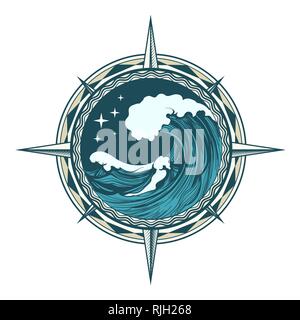 Wind Rose nautical compass with ocean wave and stars inside drawn in tattoo style. Vector illustration. Stock Vector