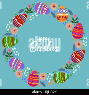 Happy Easter. Cartoon cute wreath of eggs and flowers with text. Vector illustration Stock Vector