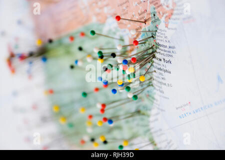 Pins in Map of US and Canadian Border Stock Photo