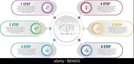 Modern vector illustration data visualization. Infographic circles template with six elements, labels. Designed for business, presentations, web desig Stock Vector