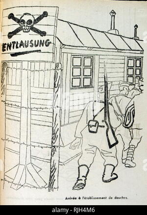 illustration of French prisoners of war taken to shower blocks. Drawn by Antoine de Roux 1940. Stock Photo