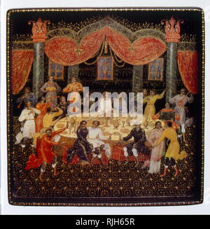 A Russian 'Palekh' lacquered Tray circa 1970. depicting a scene from medieval Russian history. Russian lacquer art developed from the art of icon painting which came to an end with the collapse of Imperial Russia. the craft of making papier-mache decorative boxes and panels developed Stock Photo