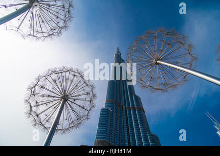 View of Burj Khalifa from urban space in Dubai marina