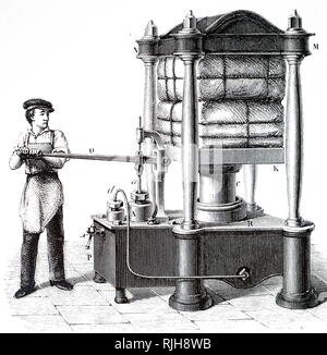 An engraving depicting a hand-powered hydraulic press: material to be compressed is placed on a plate which is raised and lowered by piston, c, which descends into a tank of water. The tank is connected to the force pump (left) using a leaden tube. When the pump handle is operated, water in the tank beneath C rises, so lifting the piston and compressing the bales. Joseph Bramah (1748-1814) an English inventor and locksmith who is best known for inventing the hydraulic press. Dated 19th century Stock Photo