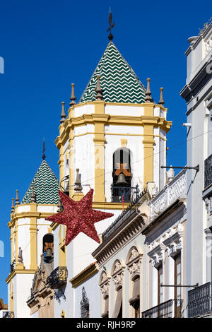 Christmas decorations on the Parochial Centre, Centro Parroquial, Plaza del Socorro, Ronda, Malaga, Andalucia, Spain, Stock Photo
