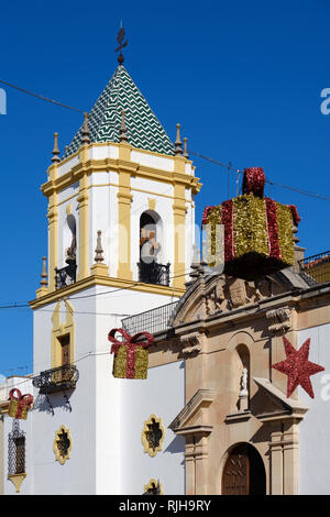 Christmas decorations on the Parochial Centre, Centro Parroquial, Plaza del Socorro, Ronda, Malaga, Andalucia, Spain, Stock Photo