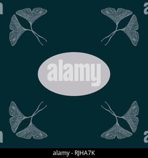 Hand drawn heart ginkgo leaves card vector template in a gray palette on dark background Stock Vector