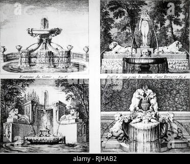 Engraveing depicting four 18th century ornamental fountains from French private gardens. Stock Photo