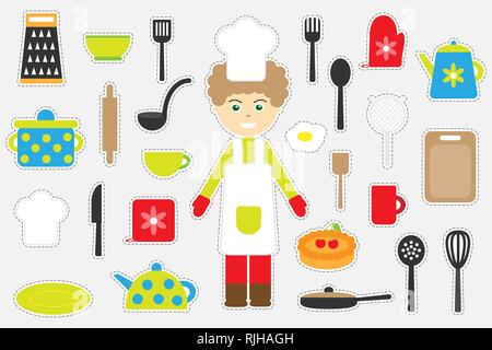 Different colorful cooking pictures for children, fun education game for kids, preschool activity, set of stickers, vector Stock Vector