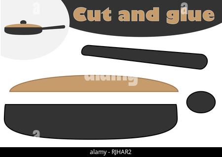 Frying pan in cartoon style, education game for the development of preschool children, use scissors and glue to create the applique, cut parts of the Stock Vector