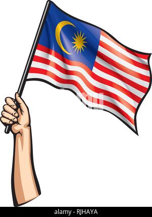 Malaysia flag and hand on white background. Vector illustration Stock Vector