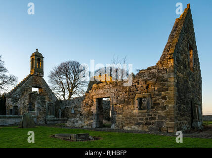 Gladsmuir old parish church ruins and precarious bell tower at dusk twilight, East Lothian, Scotland, UK Stock Photo