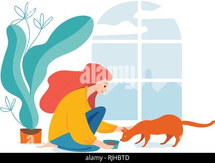 Hygge illustration with a womal feed a cat Stock Vector