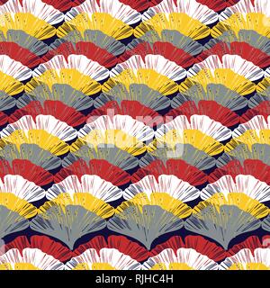 Ginkgo leaves overlap vector pattern in a red, yellow, gray and white color palette on a dark blue background Stock Vector