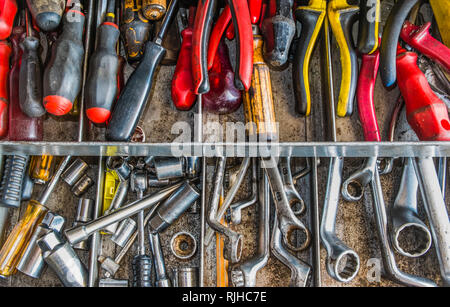 old, used tools in a toolbox Stock Photo