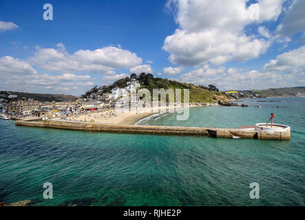 Banjo Pier between the beach and the river at East Looe, as seen from the high vantage point at Hannaford. Stock Photo