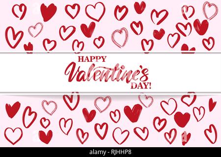 happy Valentine s day text on the background of hearts. , Valentine s day, greeting card hand drawn vector illustration sketch. Calligraphy lettering Stock Vector