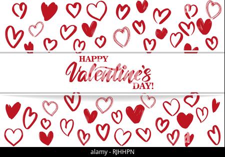 happy Valentine s day text on the background of hearts. , Valentine s day, greeting card hand drawn vector illustration sketch. Calligraphy lettering Stock Vector