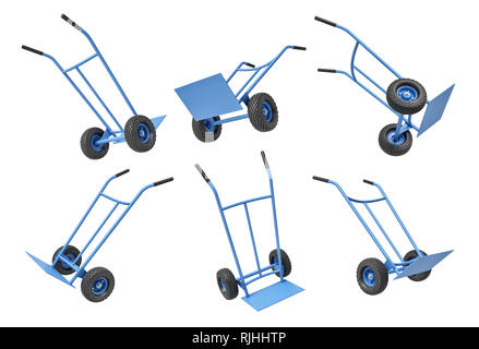 3d rendering of set of blue hand trucks isolated on a white background. Stock Photo