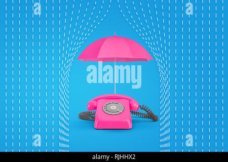 3d rendering of pink umbrella on top of pink retro telephone with drawn rain lines on blue background Stock Photo