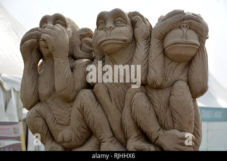 The three wise monkeys are a pictorial maxim, embodying the proverbial principle 'see no evil, hear no evil, speak no evil'. Stock Photo