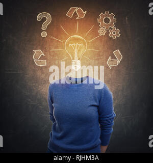 Surreal portrait anonymous woman absent head over dark blackboard background. Thinking process with question mark, cogwheels and light bulbs instead h Stock Photo