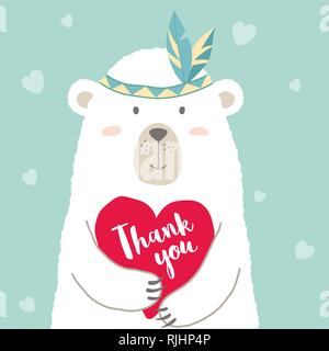 Vector illustration of cute cartoon bear holding heart and hand written lettering Thank You for valentines card, placards, t-shirt prints, greeting ca Stock Vector