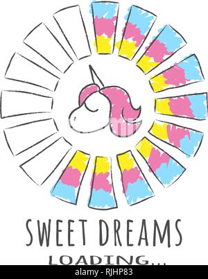 Progress bar with inscription - Sweet Dreams loading and unicorn in sketchy style. Vector illustration for t-shirt design, poster or card. Stock Vector