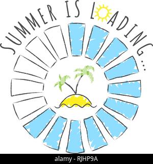 Round progress bar with inscription - Summer loading and palms on the beach in sketchy style. Vector illustration for t-shirt design, poster or card. Stock Vector