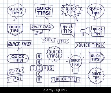 Set of hand drawn speech bubbles, badges and ribbons with quick tips inscription on lined copy book sheet. Vector illustration in sketchy style for bo Stock Vector