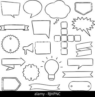 Set of hand drawn speech bubbles, badges and ribbons.  Vector illustration in sketchy style for books, magazine, website or typographic materials. Stock Vector