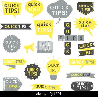 Advice, quick tips, helpful tricks and suggestions logos, emblems and banners with grunge texture. Helpful idea, solution and trick illustration for b Stock Vector