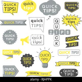 Advice, quick tips, helpful tricks and suggestions logos, emblems and banners isolated on white. Helpful idea, solution and trick illustration for boo Stock Vector