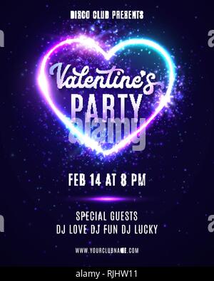 Valentines Day party neon poster design template. Stock Vector