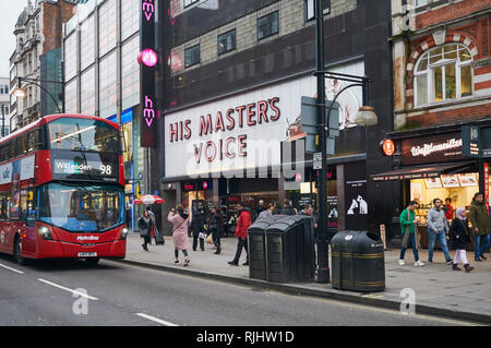 The exterior of HMV's flagship store on London's Oxford Street, with pedestrians, on the day after its closure on the 5th February 2019 Stock Photo