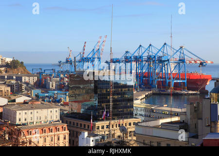 Chile, Valparaiso, harbor, ships, cranes, skyline, Stock Photo