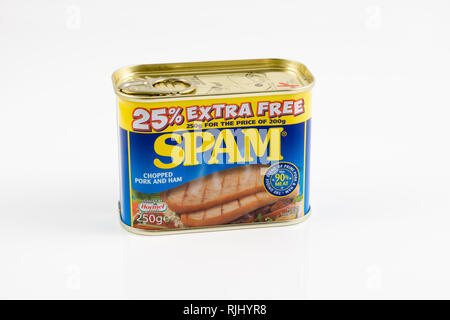 Spam a brand of canned precooked chopped pork shoulder with ham introduced in 1937 by the Hormel Foods Corporation Stock Photo