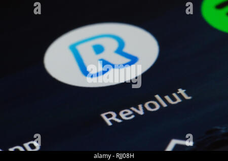 Revolut app, UK financial technology company that offers banking services including a pre-paid debit card Stock Photo
