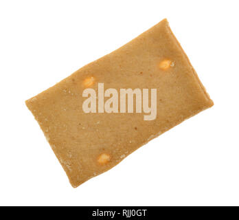 Overhead view of a single cheese flavor crostini cracker isolated on a white background. Stock Photo