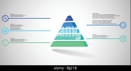 3D illustration infographic template. The embossed triangle is divided to five color parts. Object is arranged on grey white background. Color lines w Stock Vector