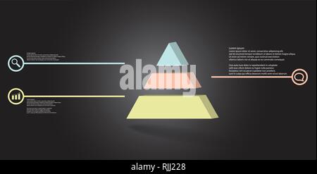 3D illustration infographic template. The embossed triangle is divided to three color parts. Object is arranged on grey dark background. Color lines w Stock Vector