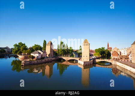 Panoramic view of Grande Ile island with defensive towers and covered bridges in Strasbourg, France Stock Photo