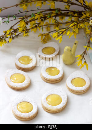 Homemade Easter lemon cookies and forsythia blooming twigs on a light background. Stock Photo