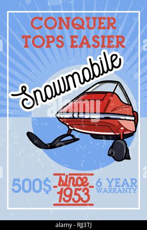 Color vintage snowmobile banner. Extreme active leisure poster. Stock Vector