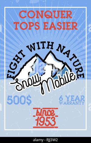 Color vintage snowmobile banner. Extreme active leisure poster. Stock Vector