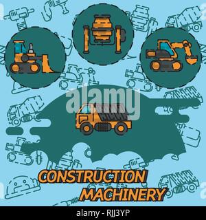 Construction machinery flat concept icons. Heavy machine concrete mixer, loader and crawler crane. Vector illustration Stock Vector