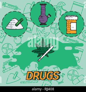 Drugs flat concept icons. Marijuana narcotic, addiction and capsule, smoke pipe, tablet pharmacy, vector illustration Stock Vector