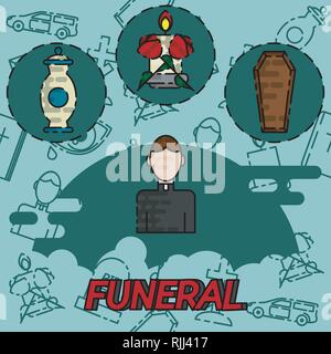Funeral flat concept icons with cemetery and mourning flat icons isolated vector illustration Stock Vector